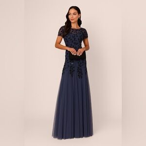 Adrianna Papell Slate Blue Beaded Gown NWT Elegant Formal Dress Size 2